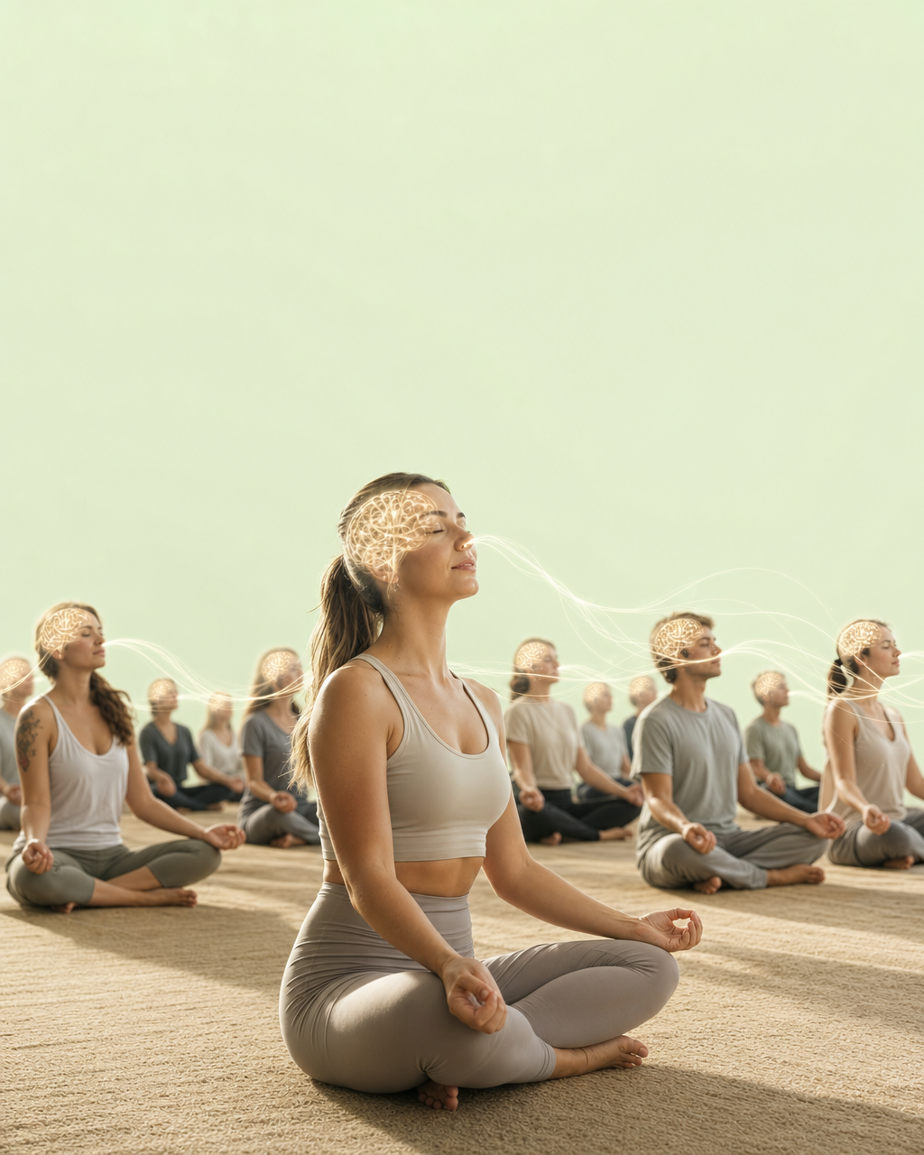 Pessoa meditando com brilho neural na testa, grupo ao fundo