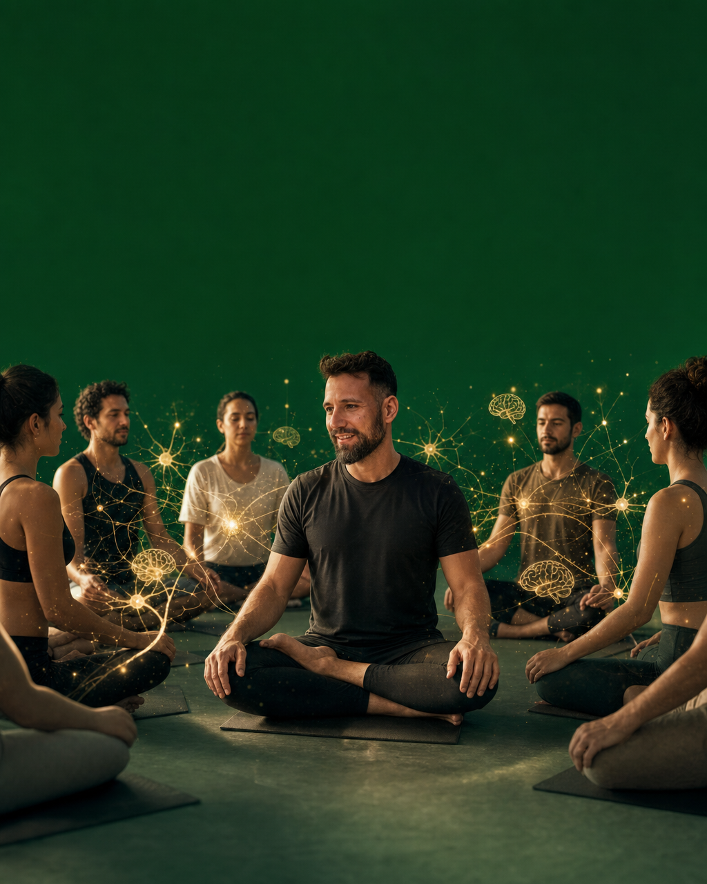 Roda de pessoas meditando juntas com brilho neural