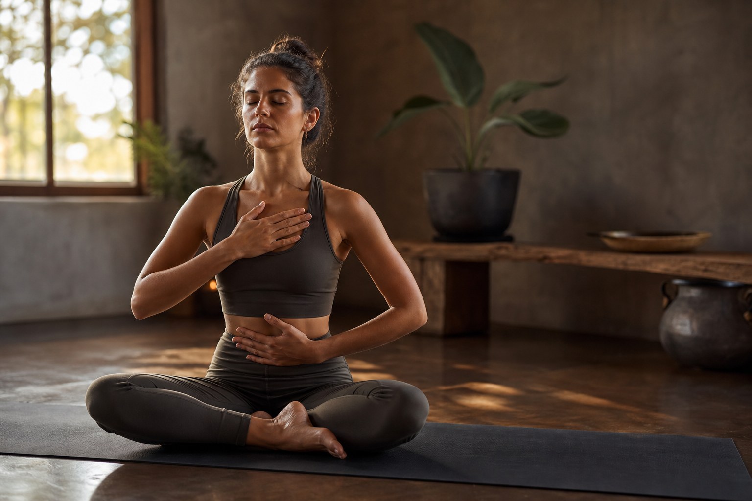 Pessoa focada praticando yoga em um ambiente claro, representando a conexão real entre o cérebro e o corpo físico.