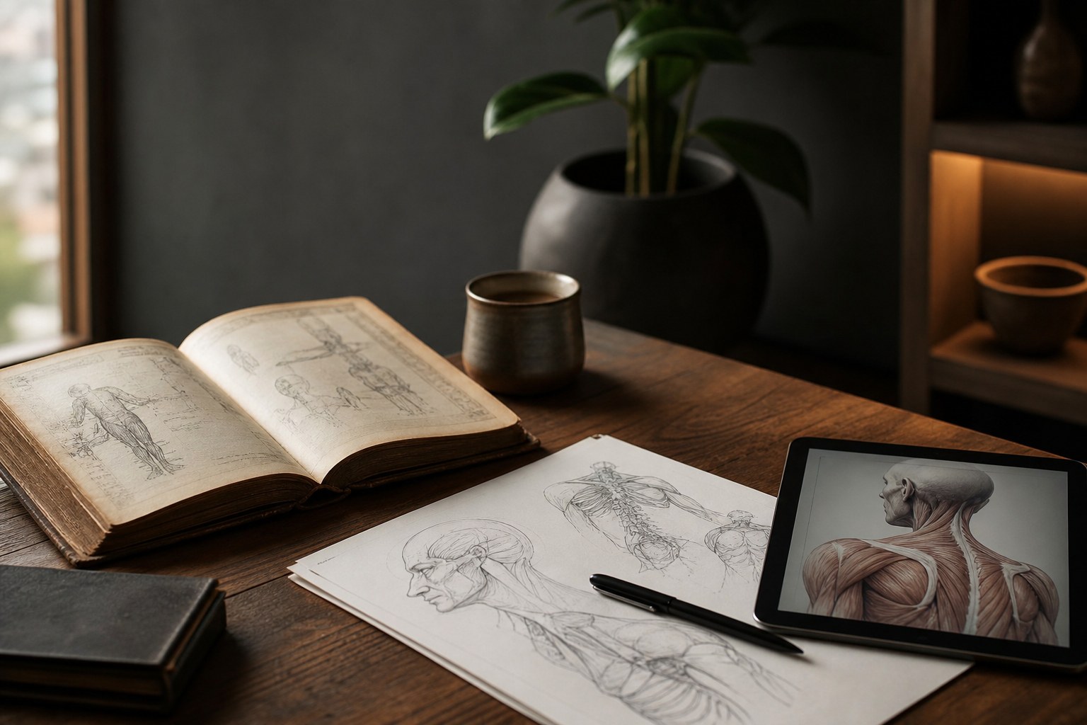 Livro antigo aberto sobre uma mesa de madeira ao lado de anotações anatômicas modernas e um tablet.