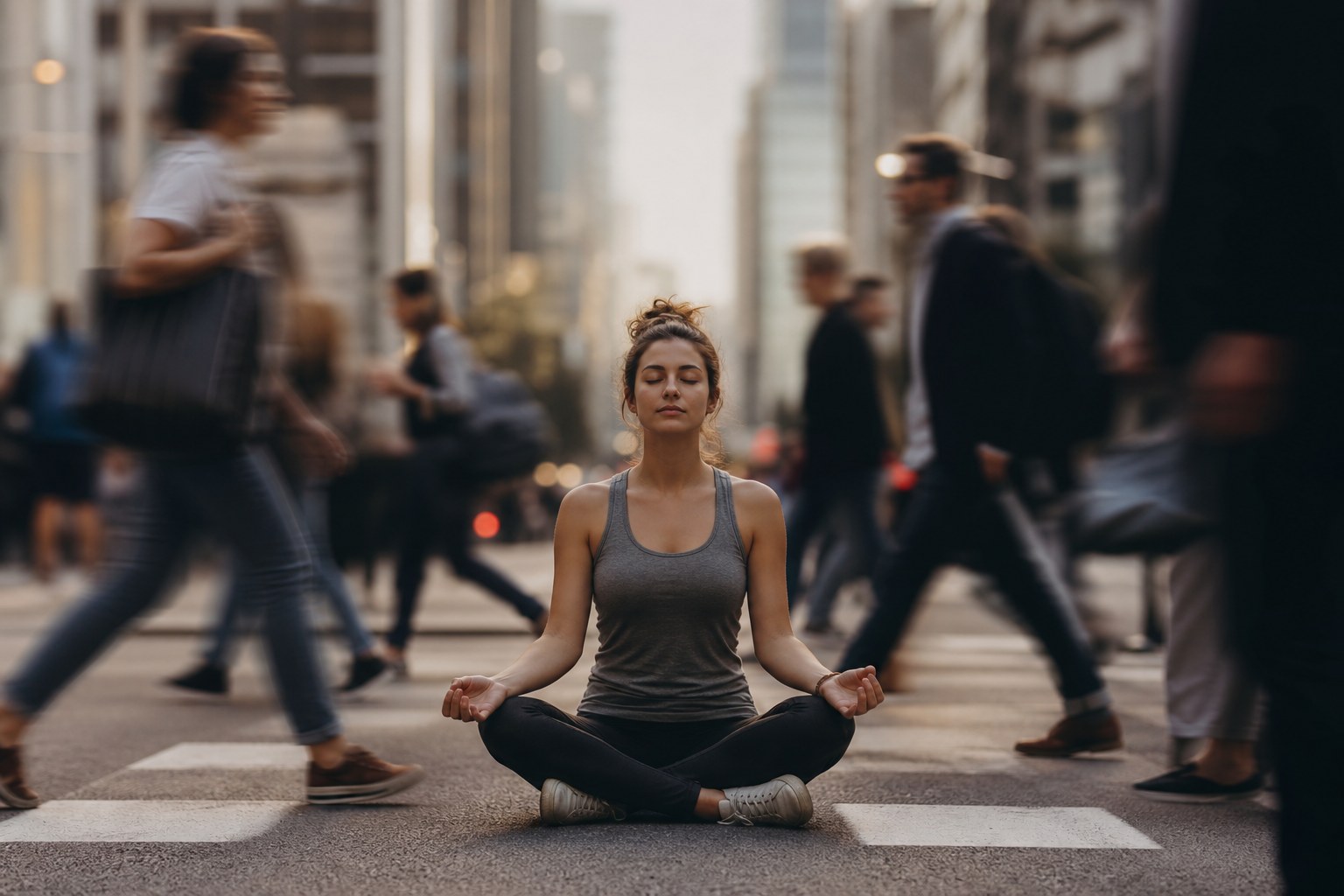 Fotografia realista de uma pessoa em um ambiente urbano movimentado, com expressão serena, demonstrando foco e regulação emocional em meio ao caos.