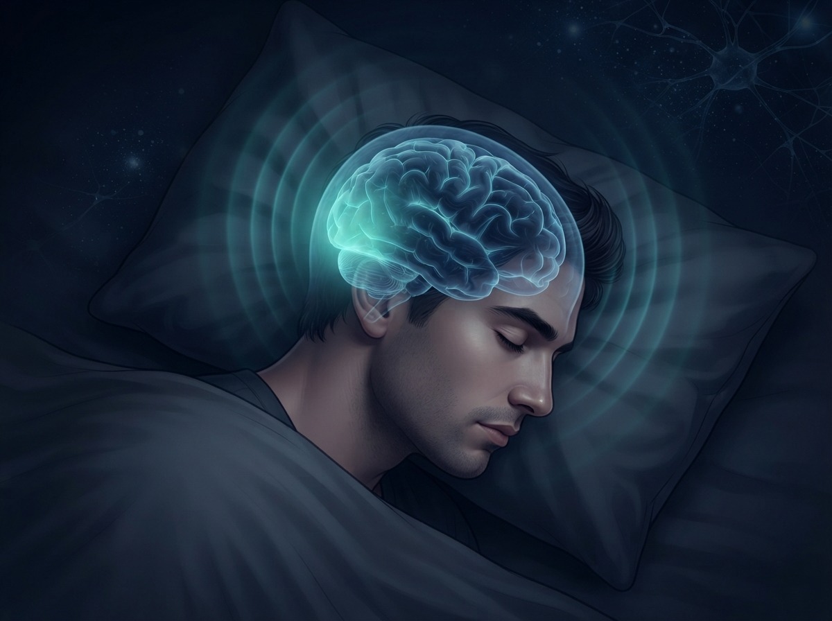 Figura humana adormecida com o córtex visual iluminado em teal no escuro, representando o cérebro gerando seus próprios sinais durante o sonho
