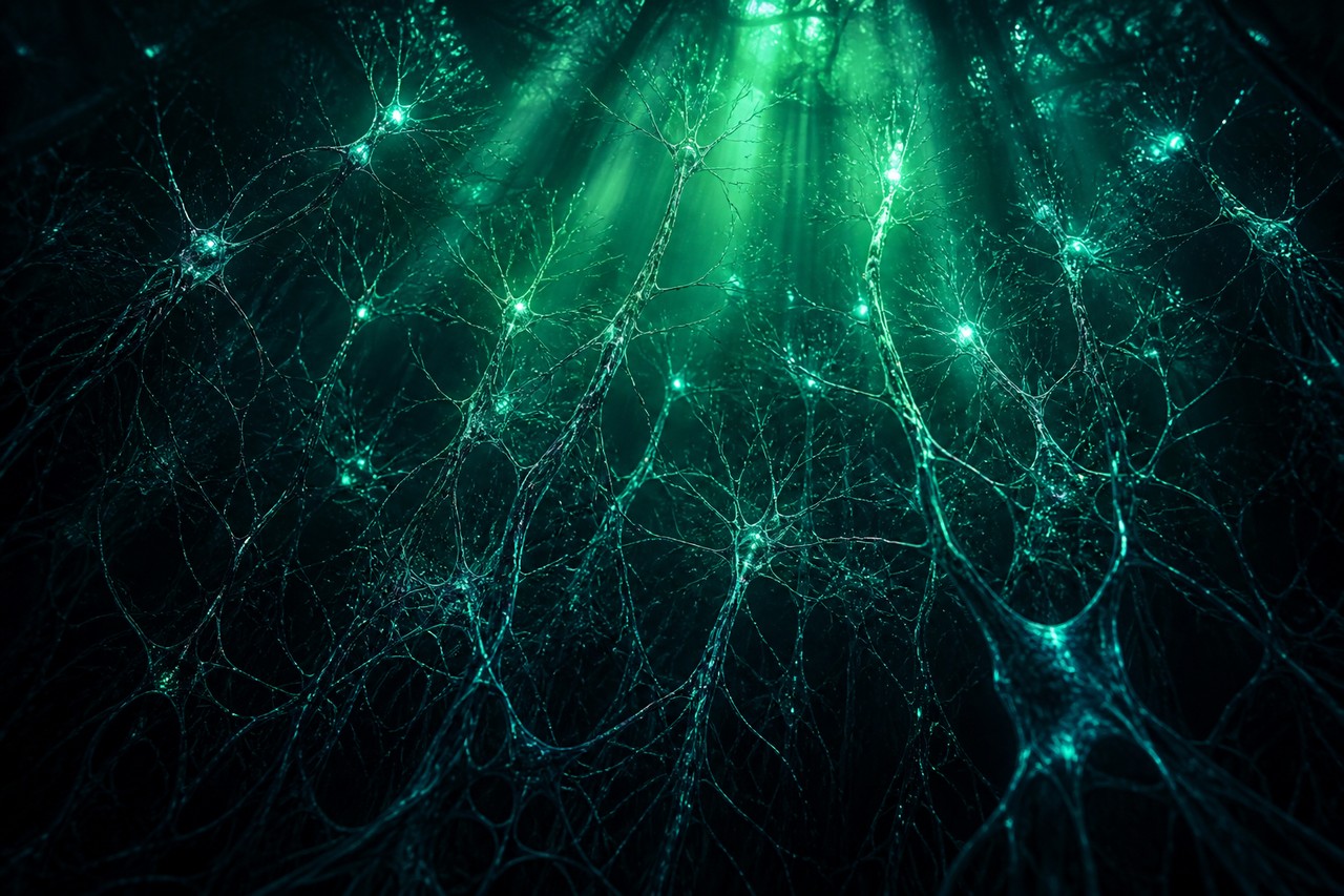 Floresta escura vista de cima com árvores disputando feixes de luz teal, metáfora dos neurônios competindo por fatores de crescimento