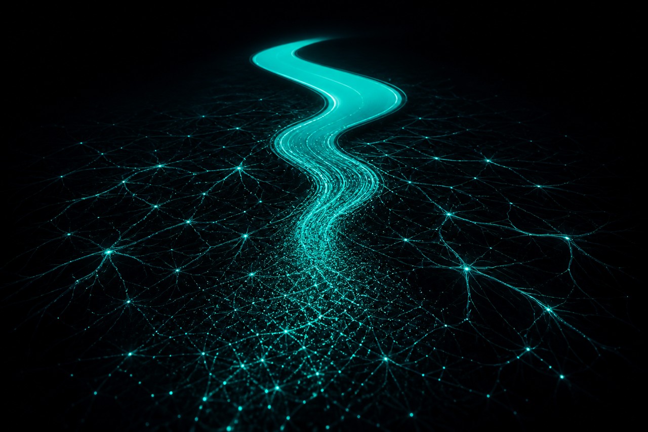 Trilha de terra que se transforma progressivamente em rodovia iluminada em teal, representando vias neurais que se consolidam com o uso